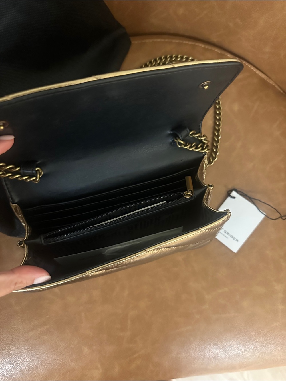 Kurt Geiger Metallic Gold Quilted Crossbody with Chain Strap - Picture 2 of 3